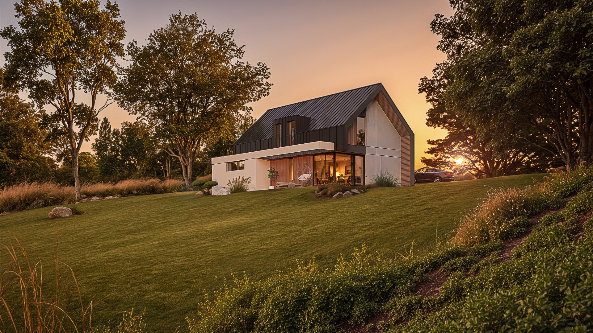 dom, blacha na rąbek, ogród, taras, zachód słońca, nowoczesna bryła, czarna stodoła