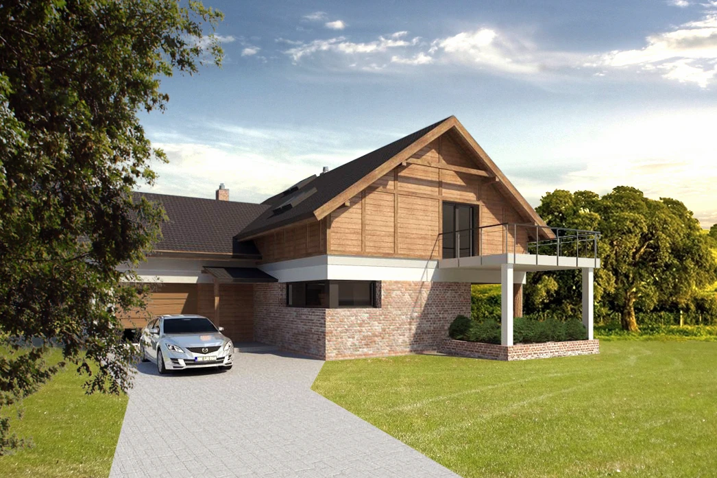 HK 15.1 Widok od frontu działki na dom jednorodzinny w stylu tradycyjnym