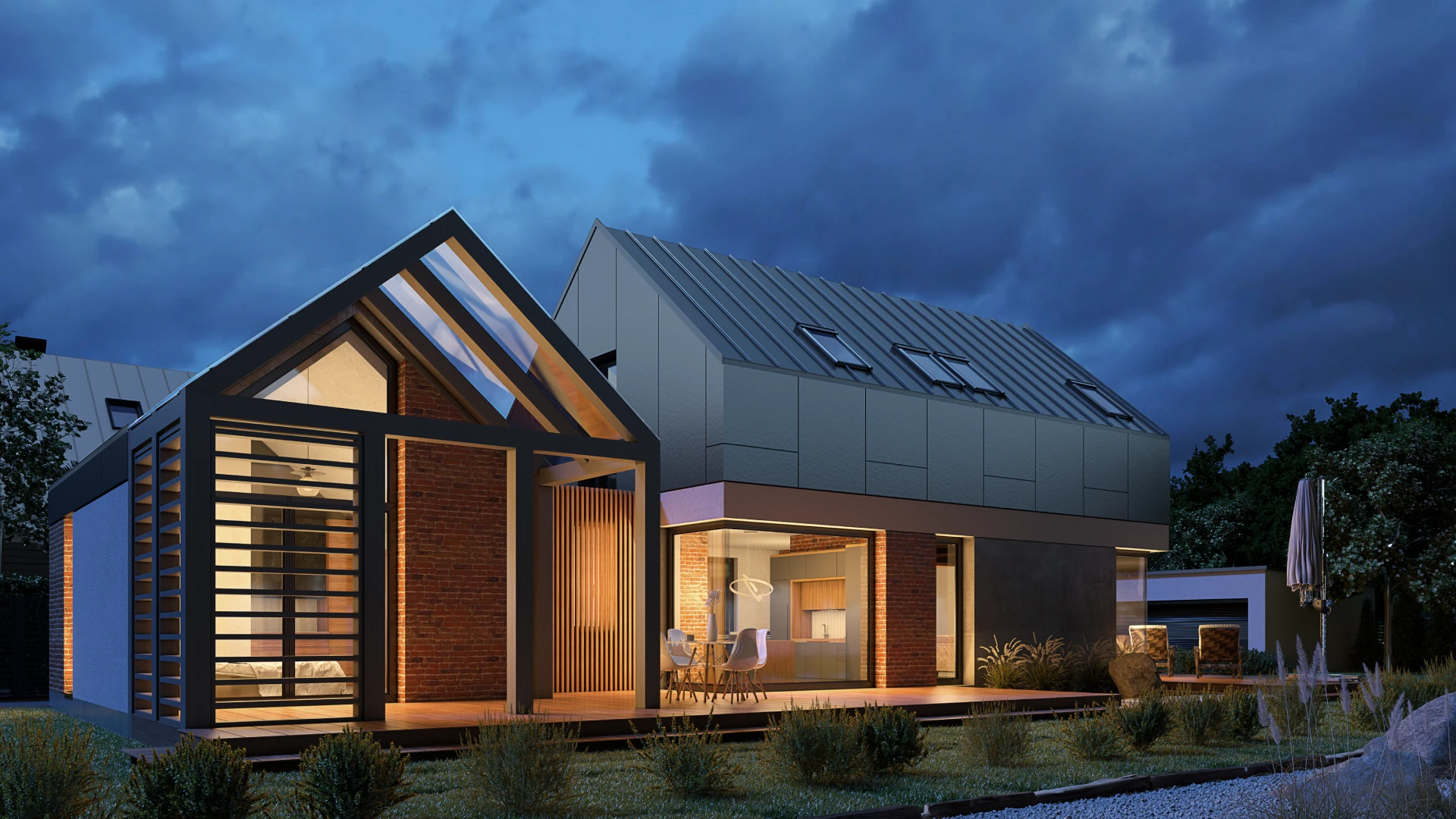 HK 19.2 Nocny widok na dom bez okapu z pergolą i tarasem