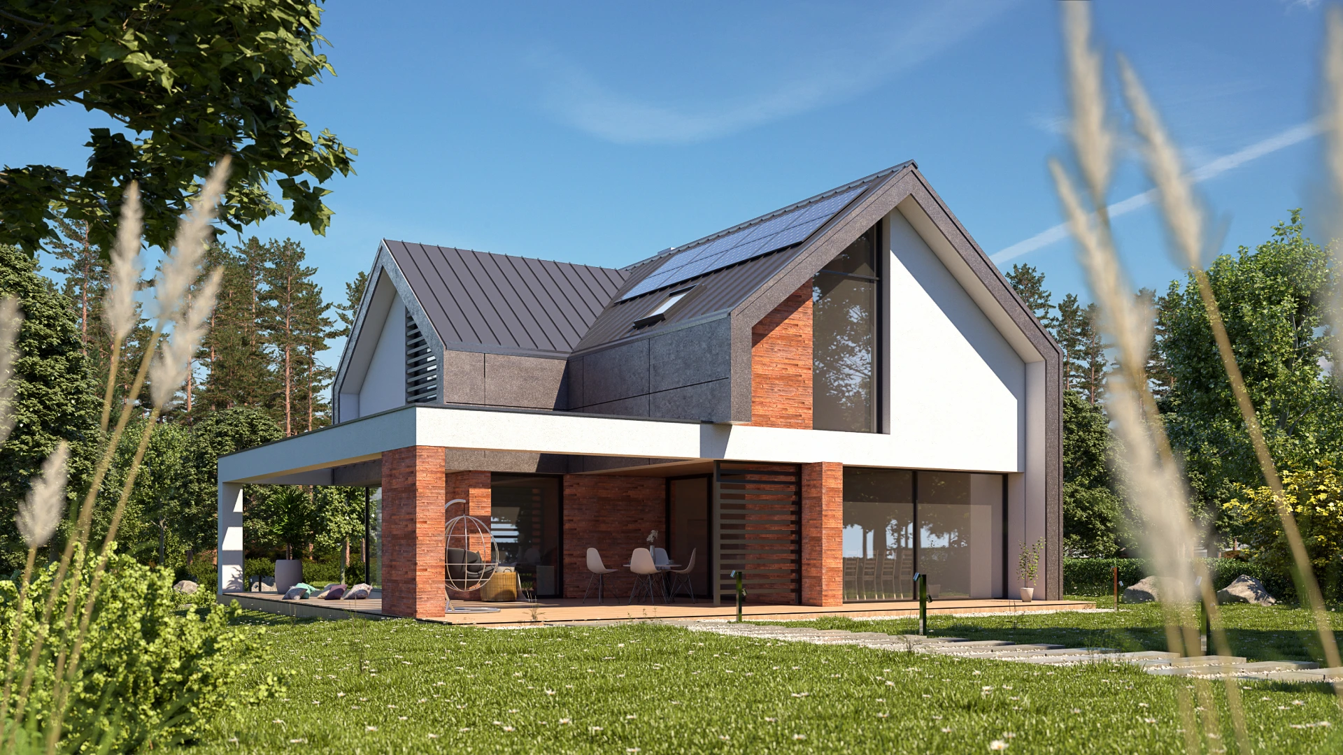 HK 20.1 Widok na dom z pergolą z ogrodu