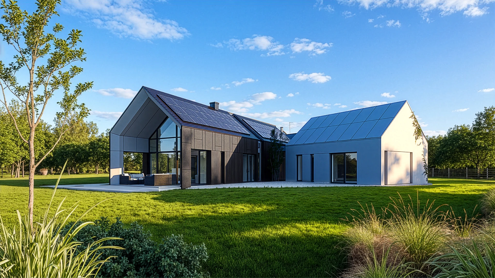 HK 21.1 widok z ogrodu na widoczne dwie bryły budynku