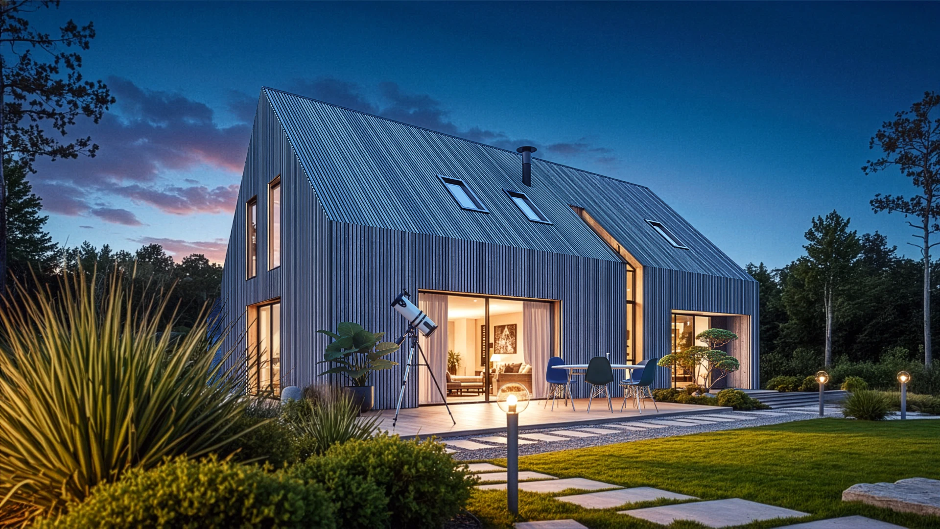 HK 22.1 Nocny widok z ogrodu na dom z tarasem wpisanym w skarpę